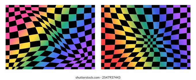 Psychedelic checkerboard rainbow pattern. Visually striking design featuring full spectrum colors, trippy geometric shapes. Optical illusions prism reflection, bright light visual vector illustration