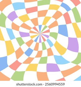 Psychedelic checkerboard rainbow pattern. Visually striking design featuring groovy colors, trippy geometric shapes. Optical illusions prism reflection, bright light art visual vector illustration