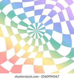 Psychedelic checkerboard rainbow pattern. Visually striking design featuring groovy colors, trippy geometric shapes. Optical illusions prism reflection, bright light art visual vector illustration