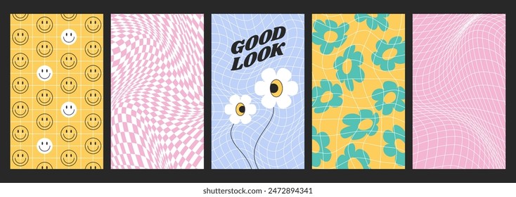 Psychedelic checkerboard set with distorted grid tile. Checkered seamless pattern in retro y2k style. Warped chessboard, poster with funky daisy flowers, fun smile faces. Geometric twisted backgrounds