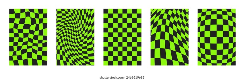 Psychedelic Checkerboard. Set of Trippy checkered wallpaper. Groovy Backgrounds. Hippie vector illustration in Y2k style. Vintage distorted geometric pattern.