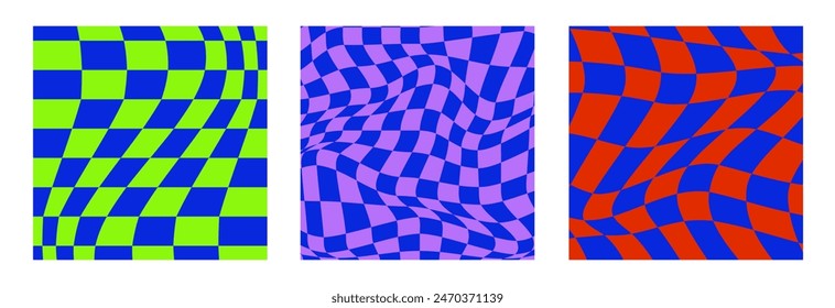 Psychedelic Checkerboard. Set of Trippy checkered wallpaper. Groovy Backgrounds. Hippie vector illustration in Y2k style. Vintage distorted geometric pattern.
