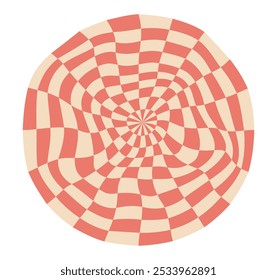 Psychedelic checkerboard sphere. Visually striking design featuring in groovy colors. Trippy spiral shapes. Optical illusions pattern, retro art style, mesmerizing graphic poster vector illustration