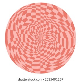 Psychedelic checkerboard sphere. Visually striking design featuring in groovy colors. Trippy spiral shapes. Optical illusions pattern, retro art style, mesmerizing graphic poster vector illustration