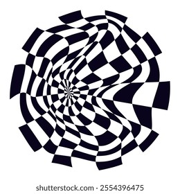 Psychedelic checkerboard sphere. Visually striking design featuring contrast black white colors. Trippy spiral shapes. Optical illusions pattern, retro art, mesmerizing visual vector illustration