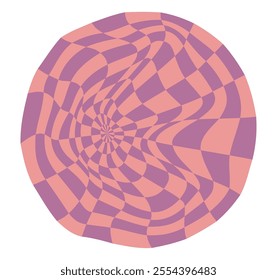 Psychedelic checkerboard sphere. Visually striking design featuring in groovy colors. Trippy spiral shapes. Optical illusions pattern, retro art style, mesmerizing graphic poster vector illustration