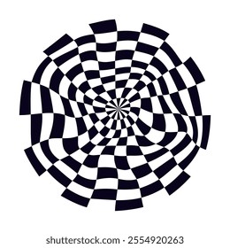 Psychedelic checkerboard sphere. Visually striking design featuring contrast black white colors. Trippy spiral shapes. Optical illusions pattern, retro art, mesmerizing visual vector illustration