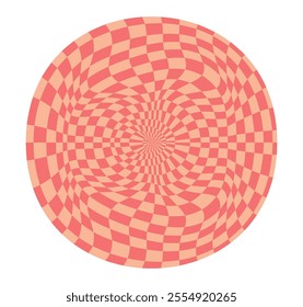 Psychedelic checkerboard sphere. Visually striking design featuring in groovy colors. Trippy spiral shapes. Optical illusions pattern, retro art style, mesmerizing graphic poster vector illustration