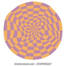 Psychedelic checkerboard sphere. Visually striking design featuring in groovy colors. Trippy spiral shapes. Optical illusions pattern, retro art style, mesmerizing graphic poster vector illustration