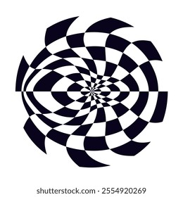 Psychedelic checkerboard sphere. Visually striking design featuring contrast black white colors. Trippy spiral shapes. Optical illusions pattern, retro art, mesmerizing visual vector illustration