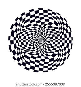 Psychedelic checkerboard sphere. Visually striking design featuring contrast black white colors. Trippy spiral shapes. Optical illusions pattern, retro art, mesmerizing visual vector illustration