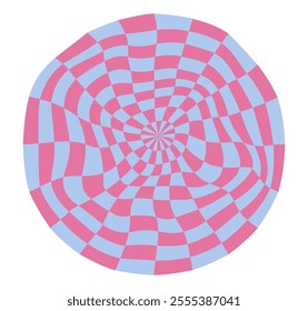 Psychedelic checkerboard sphere. Visually striking design featuring in groovy colors. Trippy spiral shapes. Optical illusions pattern, retro art style, mesmerizing graphic poster vector illustration