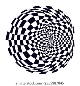 Psychedelic checkerboard sphere. Visually striking design featuring contrast black white colors. Trippy spiral shapes. Optical illusions pattern, retro art, mesmerizing visual vector illustration