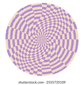 Psychedelic checkerboard sphere. Visually striking design featuring in groovy colors. Trippy spiral shapes. Optical illusions pattern, retro art style, mesmerizing graphic poster vector illustration