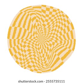 Psychedelic checkerboard sphere. Visually striking design featuring in groovy colors. Trippy spiral shapes. Optical illusions pattern, retro art style, mesmerizing graphic poster vector illustration