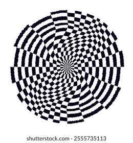 Psychedelic checkerboard sphere. Visually striking design featuring contrast black white colors. Trippy spiral shapes. Optical illusions pattern, retro art, mesmerizing visual vector illustration