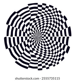 Psychedelic checkerboard sphere. Visually striking design featuring contrast black white colors. Trippy spiral shapes. Optical illusions pattern, retro art, mesmerizing visual vector illustration