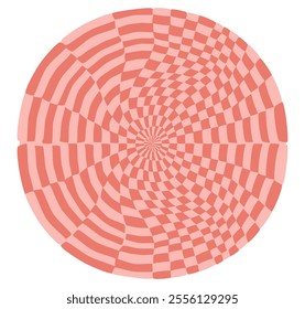 Psychedelic checkerboard sphere. Visually striking design featuring in groovy colors. Trippy spiral shapes. Optical illusions pattern, retro art style, mesmerizing graphic poster vector illustration