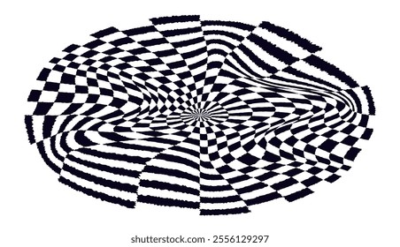 Psychedelic checkerboard sphere. Visually striking design featuring contrast black white colors. Trippy spiral shapes. Optical illusions pattern, retro art, mesmerizing visual vector illustration