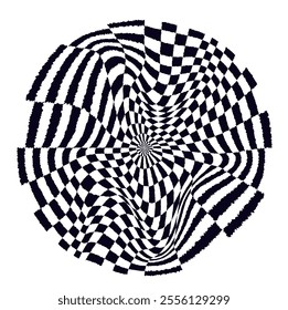 Psychedelic checkerboard sphere. Visually striking design featuring contrast black white colors. Trippy spiral shapes. Optical illusions pattern, retro art, mesmerizing visual vector illustration