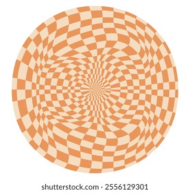 Psychedelic checkerboard sphere. Visually striking design featuring in groovy colors. Trippy spiral shapes. Optical illusions pattern, retro art style, mesmerizing graphic poster vector illustration