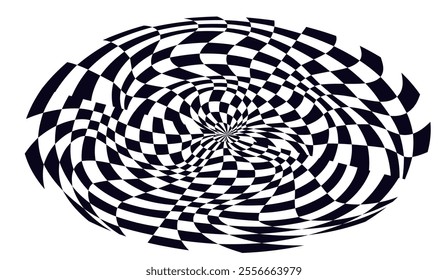 Psychedelic checkerboard sphere. Visually striking design featuring contrast black white colors. Trippy spiral shapes. Optical illusions pattern, retro art, mesmerizing visual vector illustration