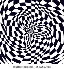 Psychedelic checkerboard sphere. Visually striking design featuring contrast black white colors. Trippy spiral shapes. Optical illusions pattern, retro art, mesmerizing visual vector illustration