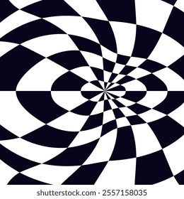 Psychedelic checkerboard sphere. Visually striking design featuring contrast black white colors. Trippy spiral shapes. Optical illusions pattern, retro art, mesmerizing visual vector illustration