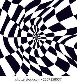 Psychedelic checkerboard sphere. Visually striking design featuring contrast black white colors. Trippy spiral shapes. Optical illusions pattern, retro art, mesmerizing visual vector illustration