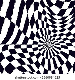 Psychedelic checkerboard sphere. Visually striking design featuring contrast black white colors. Trippy spiral shapes. Optical illusions pattern, retro art, mesmerizing visual vector illustration