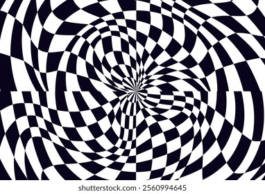 Psychedelic checkerboard sphere. Visually striking design featuring contrast black white colors. Trippy spiral shapes. Optical illusions pattern, retro art, mesmerizing visual vector illustration