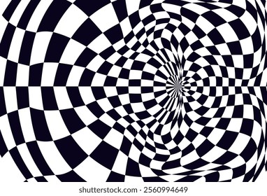 Psychedelic checkerboard sphere. Visually striking design featuring contrast black white colors. Trippy spiral shapes. Optical illusions pattern, retro art, mesmerizing visual vector illustration