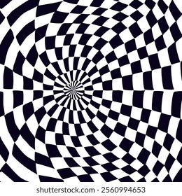 Psychedelic checkerboard sphere. Visually striking design featuring contrast black white colors. Trippy spiral shapes. Optical illusions pattern, retro art, mesmerizing visual vector illustration