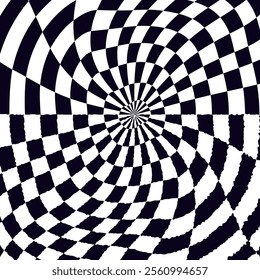 Psychedelic checkerboard sphere. Visually striking design featuring contrast black white colors. Trippy spiral shapes. Optical illusions pattern, retro art, mesmerizing visual vector illustration