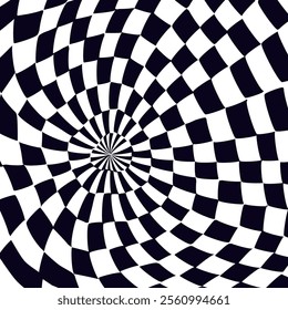 Psychedelic checkerboard sphere. Visually striking design featuring contrast black white colors. Trippy spiral shapes. Optical illusions pattern, retro art, mesmerizing visual vector illustration