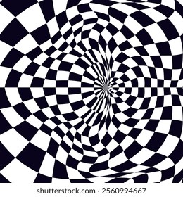 Psychedelic checkerboard sphere. Visually striking design featuring contrast black white colors. Trippy spiral shapes. Optical illusions pattern, retro art, mesmerizing visual vector illustration