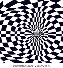 Psychedelic checkerboard sphere. Visually striking design featuring contrast black white colors. Trippy spiral shapes. Optical illusions pattern, retro art, mesmerizing visual vector illustration