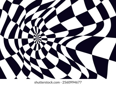 Psychedelic checkerboard sphere. Visually striking design featuring contrast black white colors. Trippy spiral shapes. Optical illusions pattern, retro art, mesmerizing visual vector illustration