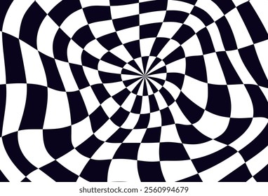 Psychedelic checkerboard sphere. Visually striking design featuring contrast black white colors. Trippy spiral shapes. Optical illusions pattern, retro art, mesmerizing visual vector illustration