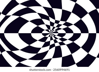 Psychedelic checkerboard sphere. Visually striking design featuring contrast black white colors. Trippy spiral shapes. Optical illusions pattern, retro art, mesmerizing visual vector illustration