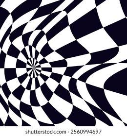 Psychedelic checkerboard sphere. Visually striking design featuring contrast black white colors. Trippy spiral shapes. Optical illusions pattern, retro art, mesmerizing visual vector illustration