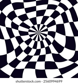 Psychedelic checkerboard sphere. Visually striking design featuring contrast black white colors. Trippy spiral shapes. Optical illusions pattern, retro art, mesmerizing visual vector illustration