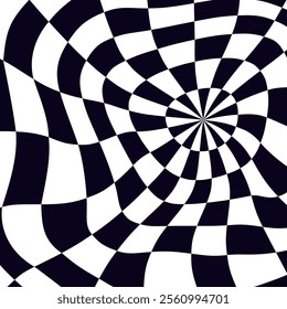 Psychedelic checkerboard sphere. Visually striking design featuring contrast black white colors. Trippy spiral shapes. Optical illusions pattern, retro art, mesmerizing visual vector illustration