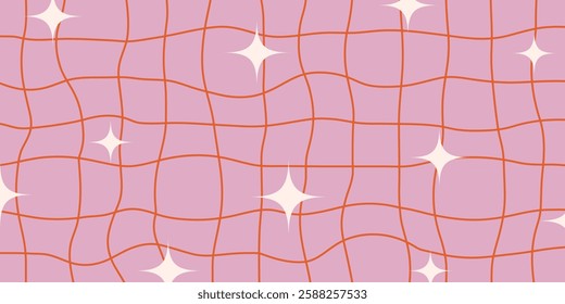 Psychedelic checkerboard with swirling geometric shapes, groovy vintage look. Distorted grid illusion, colorful 70s energy, hippie texture.