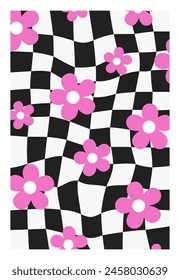 Psychedelic Checkerboard. Waves groovy background with funky flowers. Hippie wallpaper in Y2k style. Retro vector illustration. Distorted geometric pattern. Twisted chessboard.