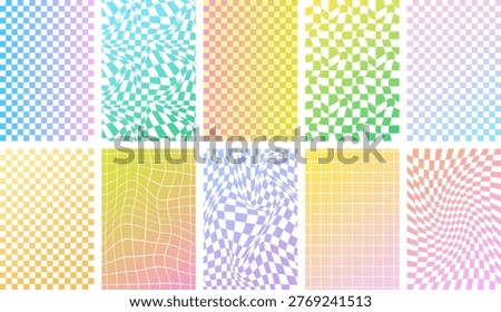 Psychedelic Checkerboard wavy background set. Groovy Y2k light gradient chessboard pattern clip art. Distorted geometric grid checkered bundle. Retro square marble print for poster, wallpaper. Vector