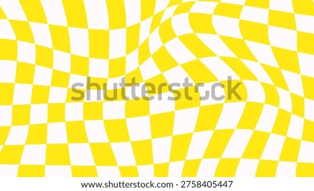 Psychedelic Checkerboard wavy pattern. Y2k yellow chessboard background. Retro square funky print design optical illusion backdrop. Distorted geometric grid checker wallpaper. Vector illustration