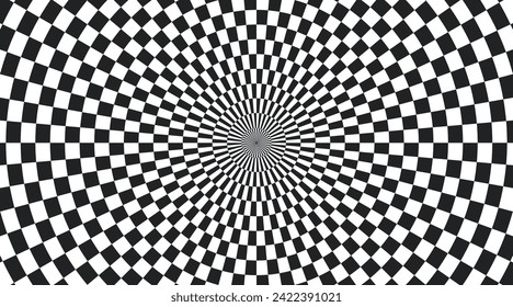 Psychedelic checkered circle background. Round background with checkerboard pattern. Chequer psychedelic mosaic. Chess optical texture. Vector illustration on white background.