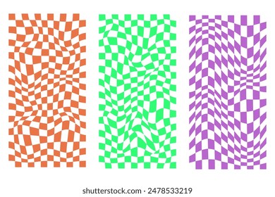 Psychedelic Checkered Vibes backgrounds. Trendy retro 1970s, 60s, y2k style. Vector illustration.