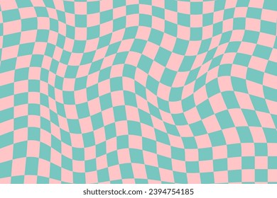 Psychedelic chessboard. Retro cage pattern is distorted. Wavy graphic pattern.